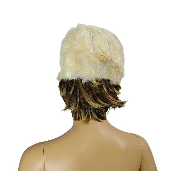 1950s Cream Real Rabbit Fur Tall Pillbox Cossack Russian Winter Hat - Picture 9 of 10